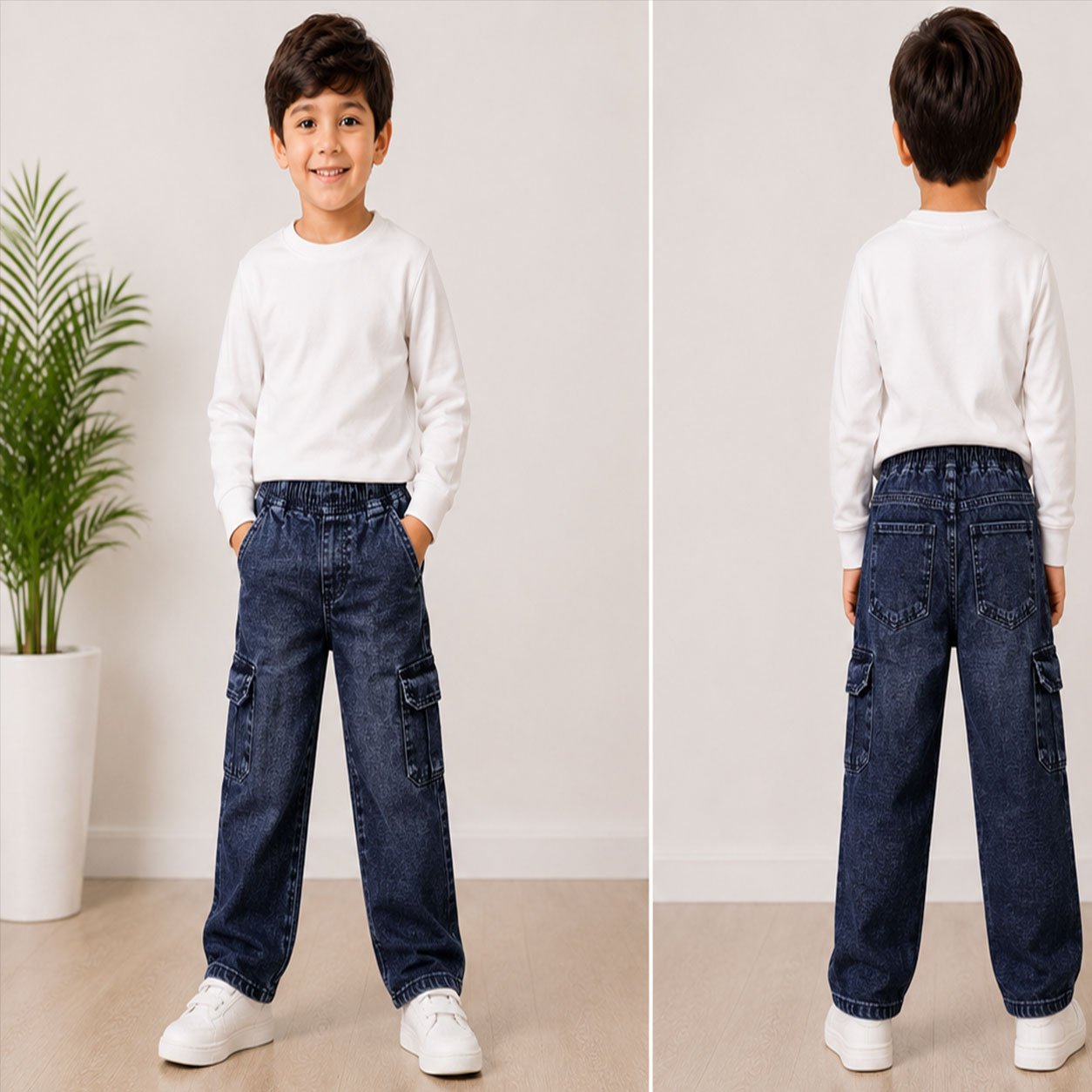Kids-Black-Denim-Jacket-and-Cargo-Pants-Set Kids Dark Blue Denim Cargo Jeans - Image 1