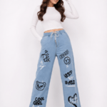 Girls Graphic Print Wide Leg Denim Jeans – Light Blue Casual Fashion Pants