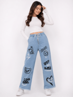 Girls Graphic Print Wide Leg Denim Jeans – Light Blue Casual Fashion Pants