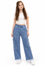 Top Jeans High-Waist Wide-Leg Denim Cargo Pants for Women in Pakistan - Image 2