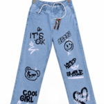 Top Jeans Women’s Heart Love Graffiti Print Wide-Leg Denim Jeans in pakistan
