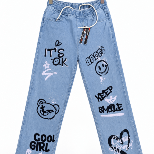 Top Jeans Women’s Heart Love Graffiti Print Wide-Leg Denim Jeans in pakistan
