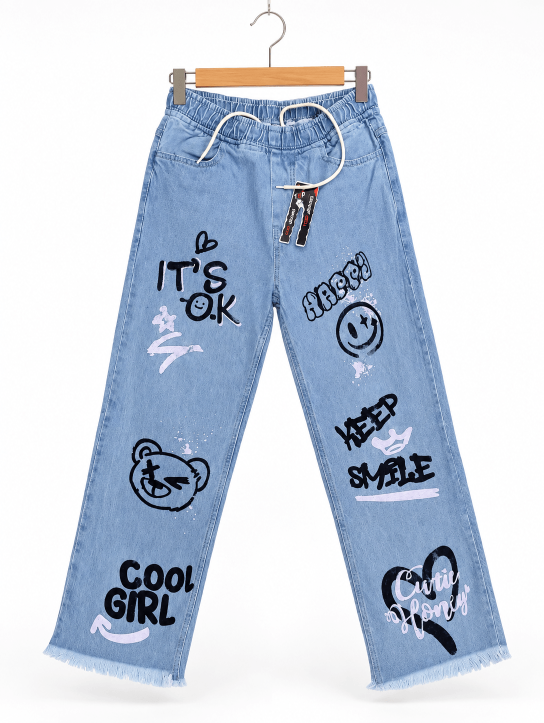 Top Jeans Women’s Heart Love Graffiti Print Wide-Leg Denim Jeans Top Jeans Women’s Heart Love Graffiti Print Wide-Leg Denim Jeans in pakistan - Image 1