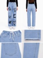 Top Jeans Women’s Heart Love Graffiti Print Wide-Leg Denim Jeans in pakistan - Image 5
