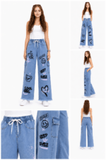 Top Jeans Women’s Heart Love Graffiti Print Wide-Leg Denim Jeans in pakistan - Image 4