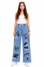 Top Jeans Women’s Heart Love Graffiti Print Wide-Leg Denim Jeans in pakistan - Image 2