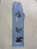 Girls Graphic Print Wide Leg Denim Jeans – Light Blue Casual Fashion Pants - Image 3
