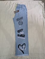 Girls Graphic Print Wide Leg Denim Jeans – Light Blue Casual Fashion Pants - Image 4