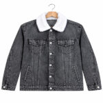 NMG men’s black denim jacket with white sherpa collar