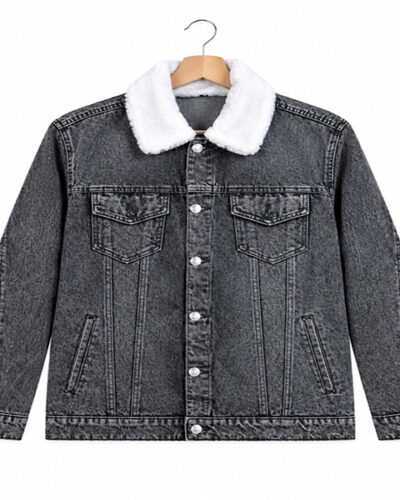 NMG men’s black denim jacket with white sherpa collar