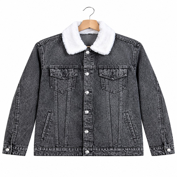 NMG men’s black denim jacket with white sherpa collar