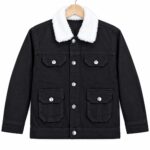 Men’s black denim jacket with white sherpa collar