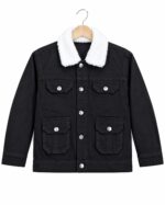 Men’s black denim jacket with white sherpa collar
