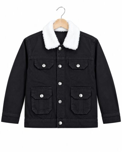 Men’s black denim jacket with white sherpa collar