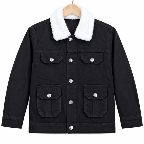 Men’s black denim jacket with white sherpa collar