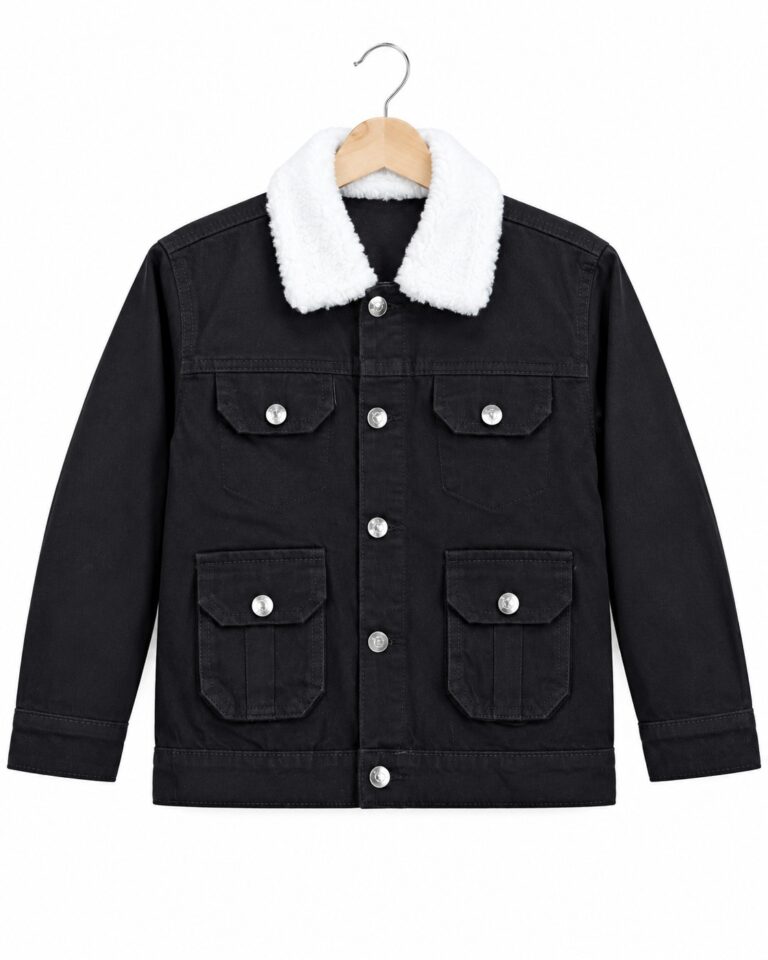 Men’s black denim jacket with white sherpa collar