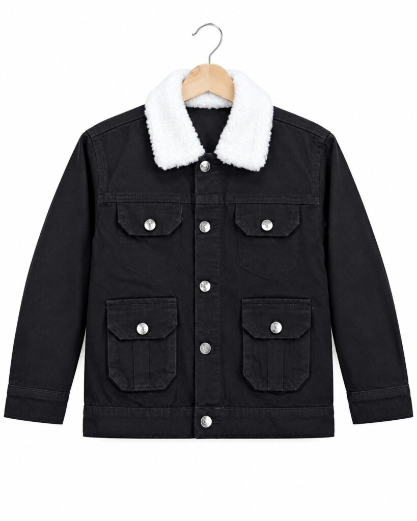 Men’s black denim jacket with white sherpa collar
