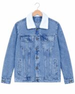 Men’s blue denim jacket with sherpa collar