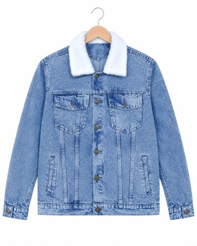 Men’s blue denim jacket with sherpa collar