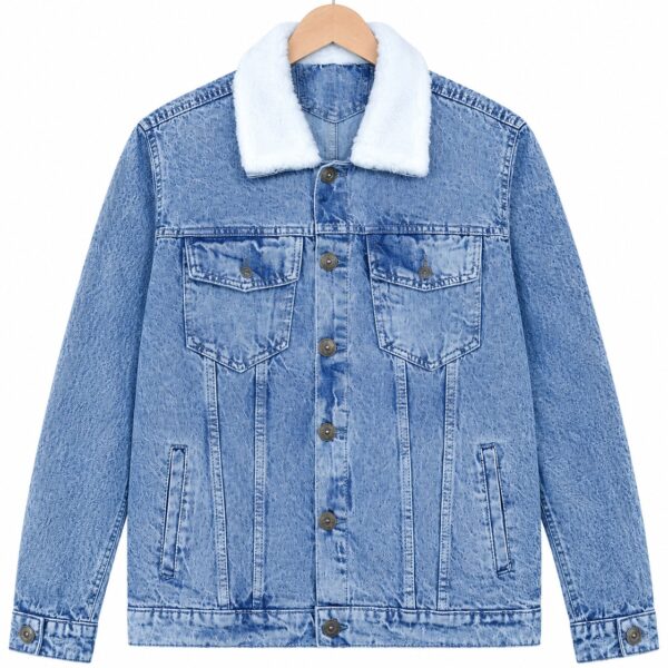 Men’s blue denim jacket with sherpa collar