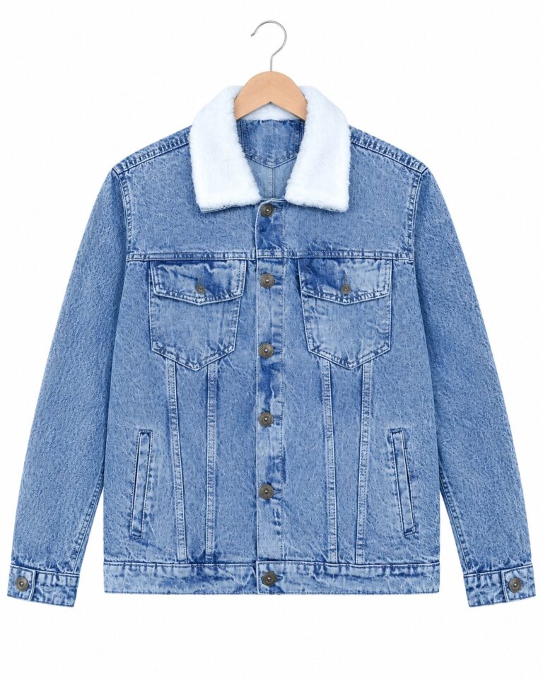 Men’s blue denim jacket with sherpa collar
