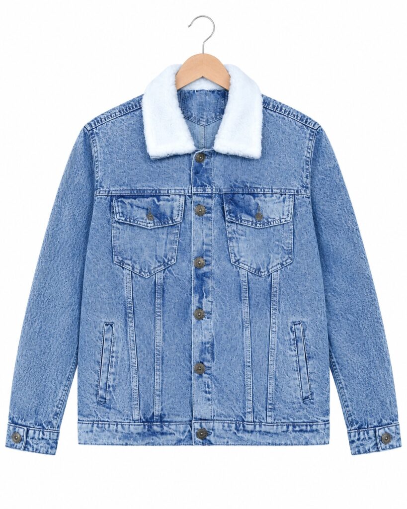 Men’s blue denim jacket with sherpa collar