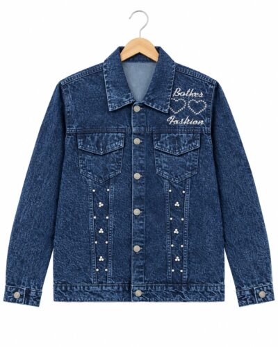 Men’s dark blue denim jacket with embellished design