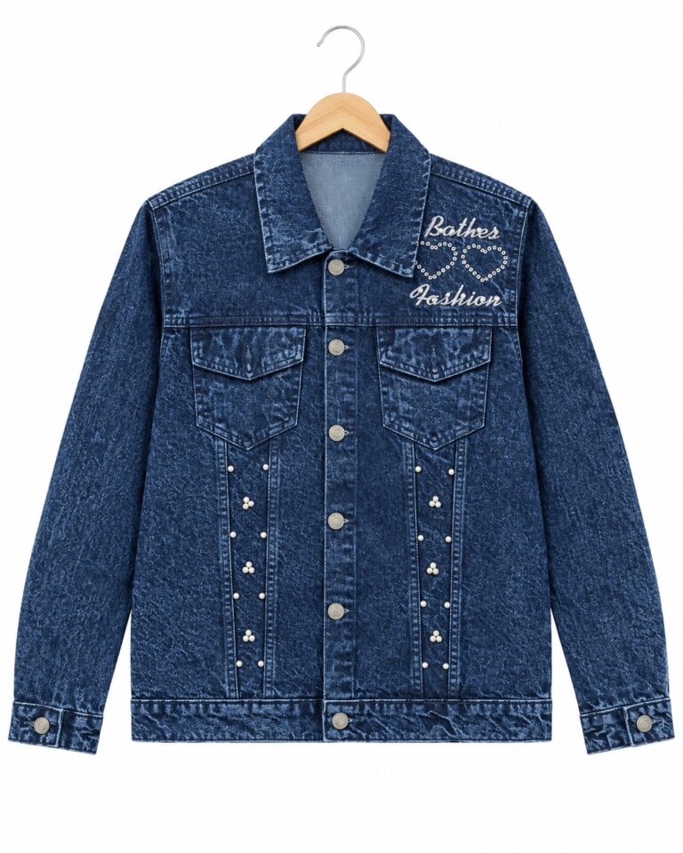 Men’s dark blue denim jacket with embellished design