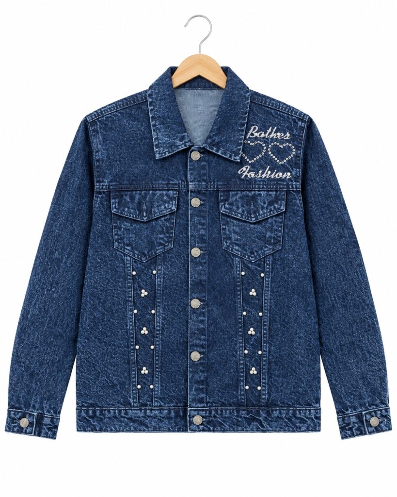 Men’s dark blue denim jacket with embellished design